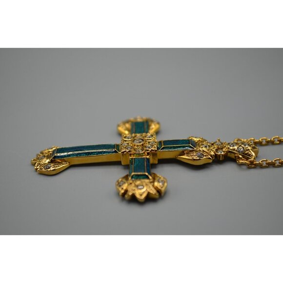 Ciro Thailand Gold Tone Cross Pendant Necklace w/ Green Inlay 19" Chain - Picture 5 of 9